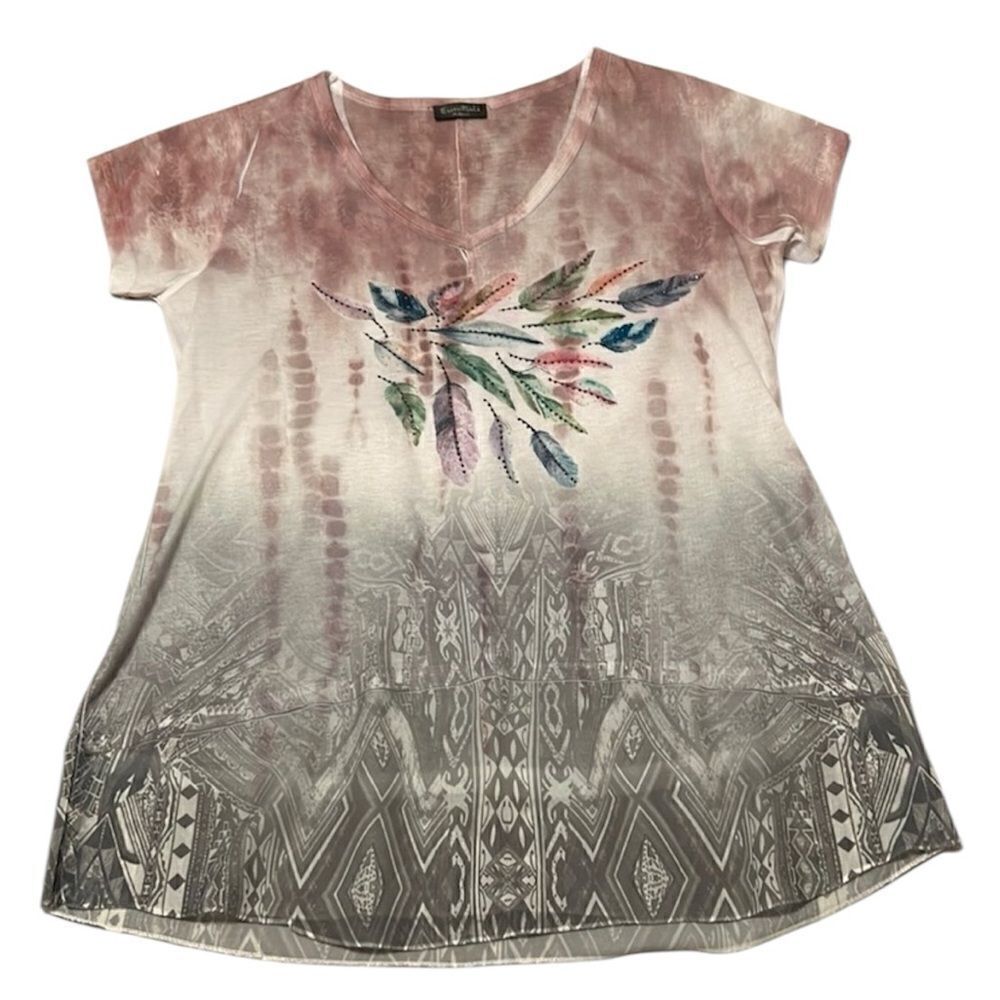 Essentials by Milano szS short sleeve pink grey rhinestones sheer hem tunic EUC